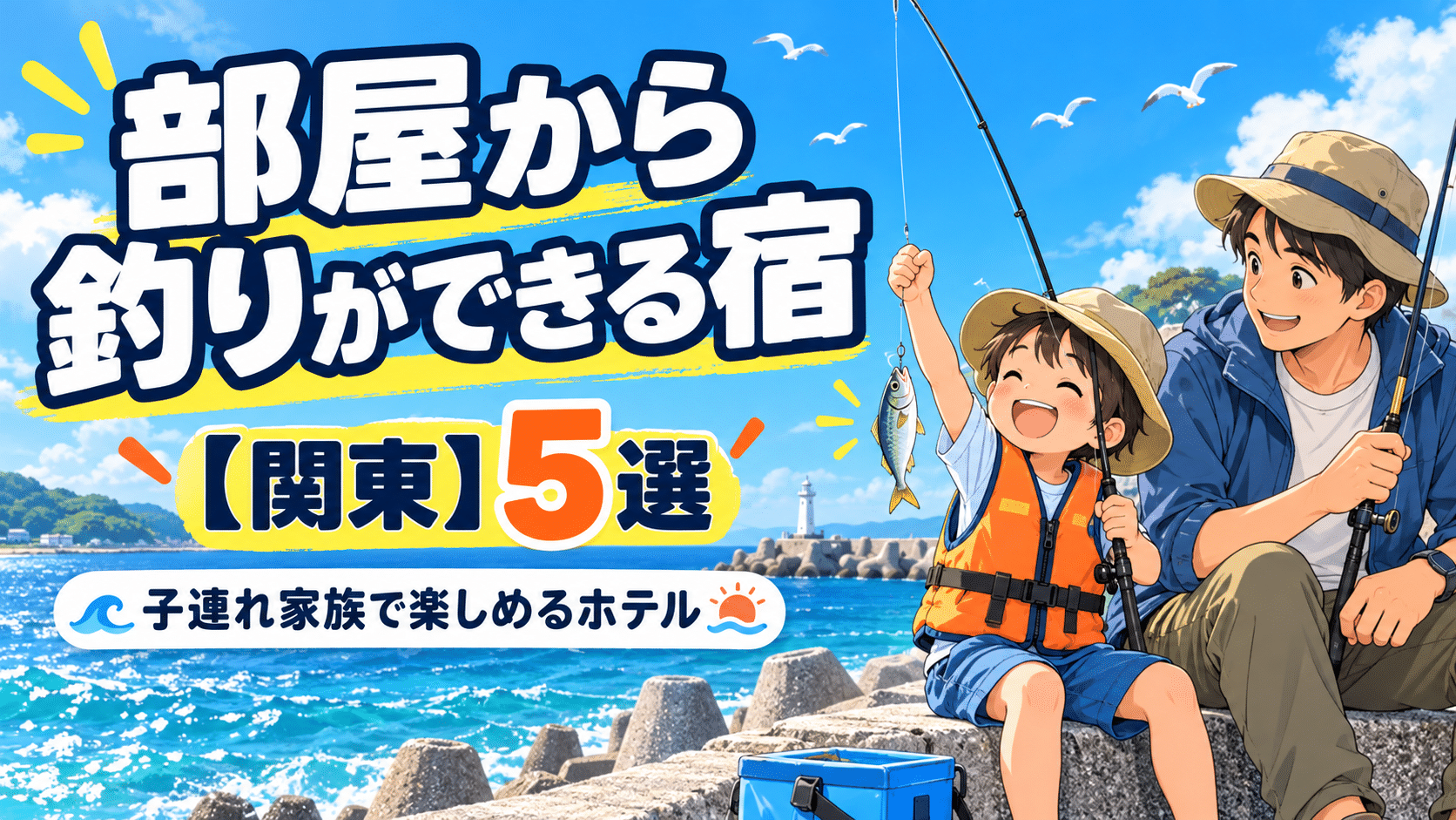 関東で部屋から釣りができる宿5選のアイキャッチ画像。親子で釣りを楽しむイラスト