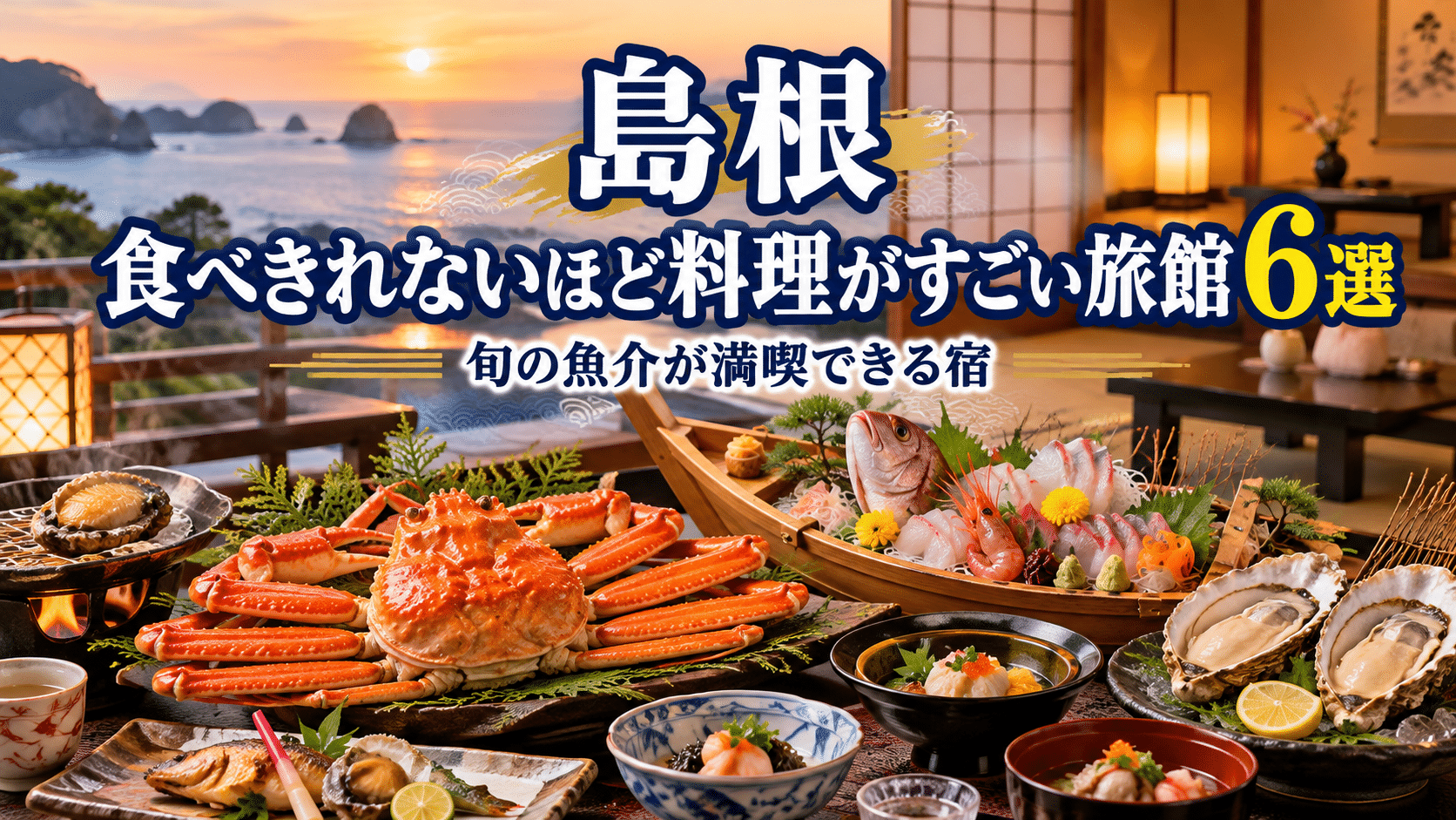 島根の食べきれないほど料理がすごい旅館6選のアイキャッチ画像（カニや刺身が並ぶ会席料理のイラスト）